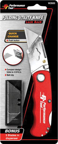 PERFORMANCETOOL FOLDING LB UTILITY KNIFE - RED W2600