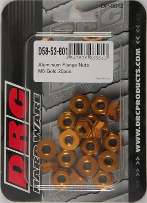 DRC ALUMINUM FLANGE NUTS GOLD M6X12MM 20/PK PART# D58-53-801