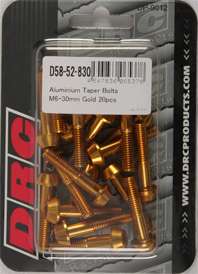 DRC ALUMINUM TAPER BOLTS GOLD M6X30MM 20/PK PART# D58-52-830