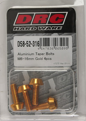 DRC ALUMINUM TAPER BOLTS GOLD M6X16MM 4/PK PART# D58-52-316