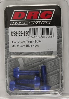 DRC ALUMINUM TAPER BOLTS BLUE M6X20MM 4/PK PART# D58-52-120