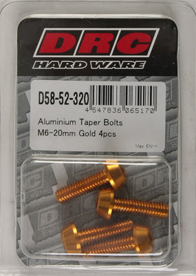 DRC ALUMINUM TAPER BOLTS GOLD M6X20MM 4/PK PART# D58-52-320