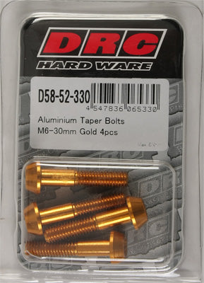 DRC ALUMINUM TAPER BOLTS GOLD M6X30MM 4/PK PART# D58-52-330