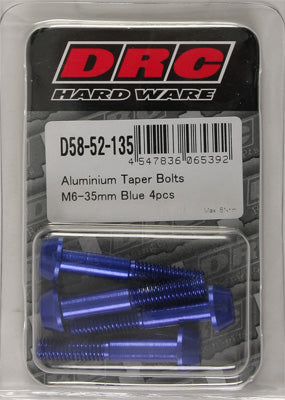 DRC ALUMINUM TAPER BOLTS BLUE M6X35MM 4/PK PART# D58-52-135