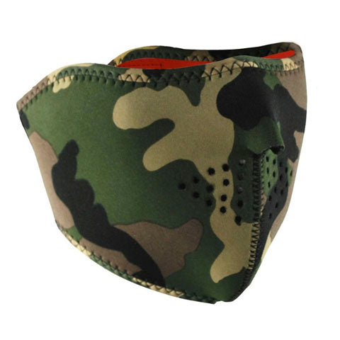 BALBOA HALF MASK NEOPRENE WOODLAND CAMO REVERSES TO HIGH-VIS ORNG WNFM118HHV